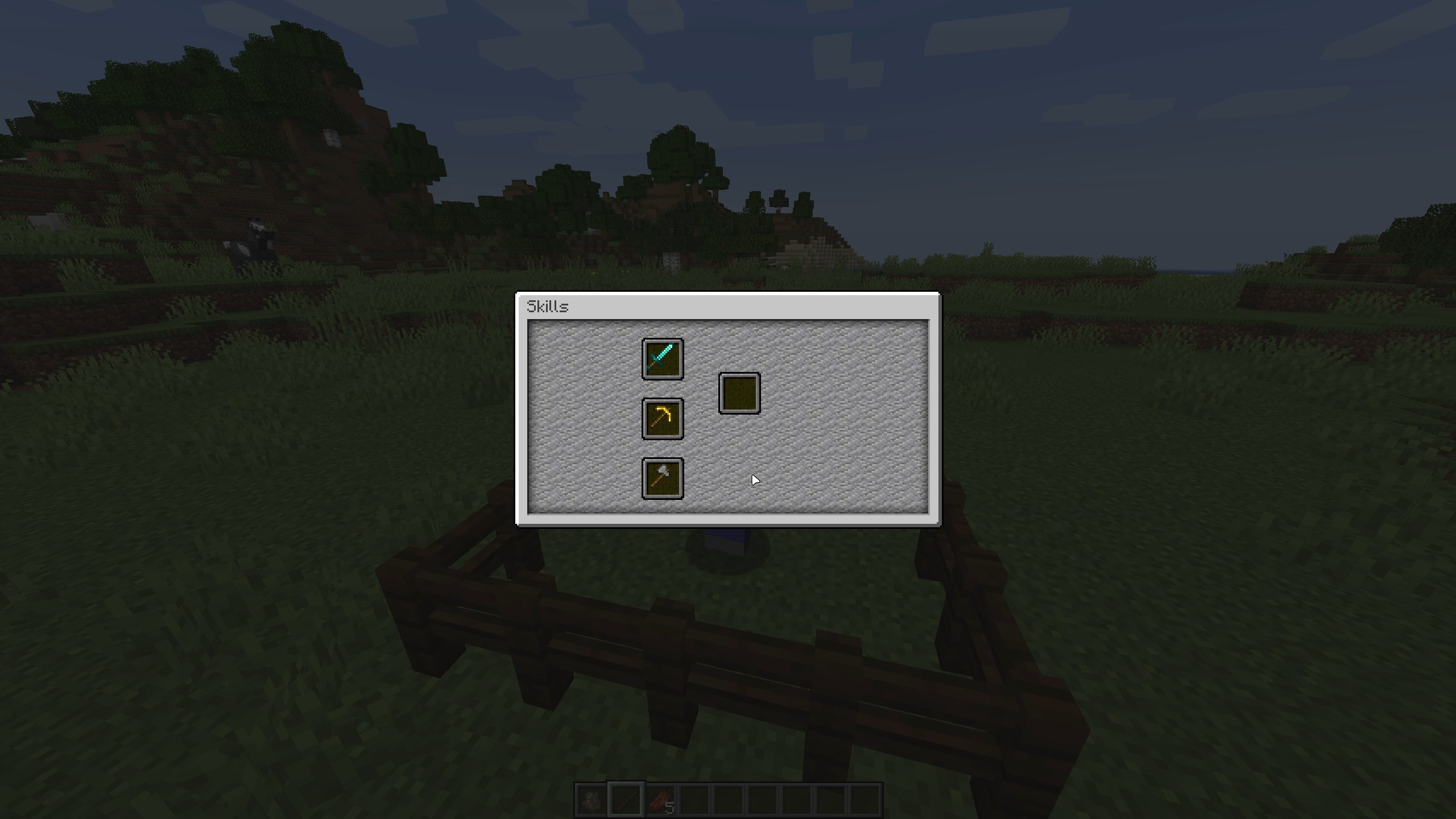 The Easy There Skills screen in Minecraft, showing skill icons for a sword, pickaxe and axe
