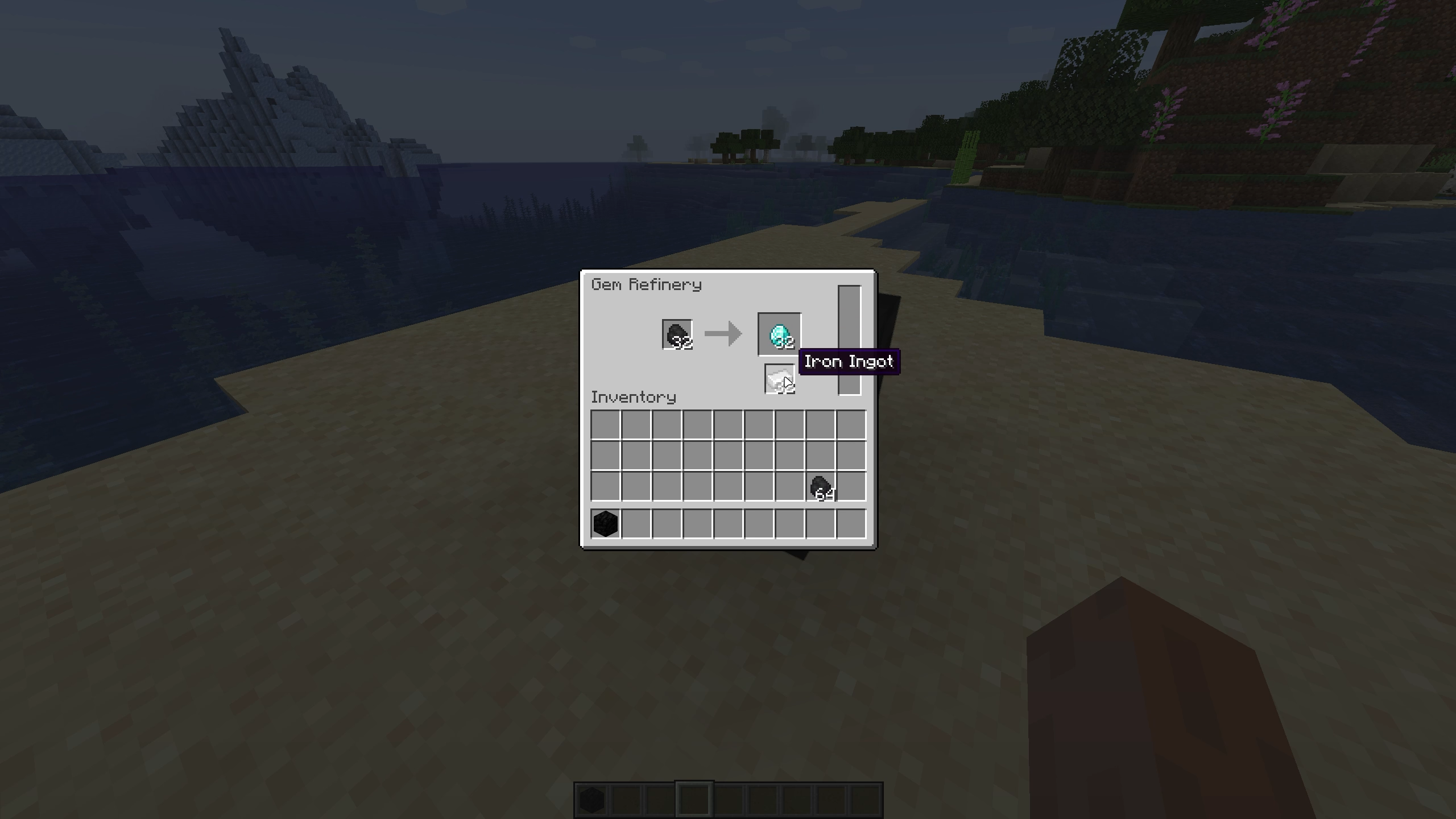 The Gem Refinery machine interface in Minecraft converting a stack of coal-like material into a gem
