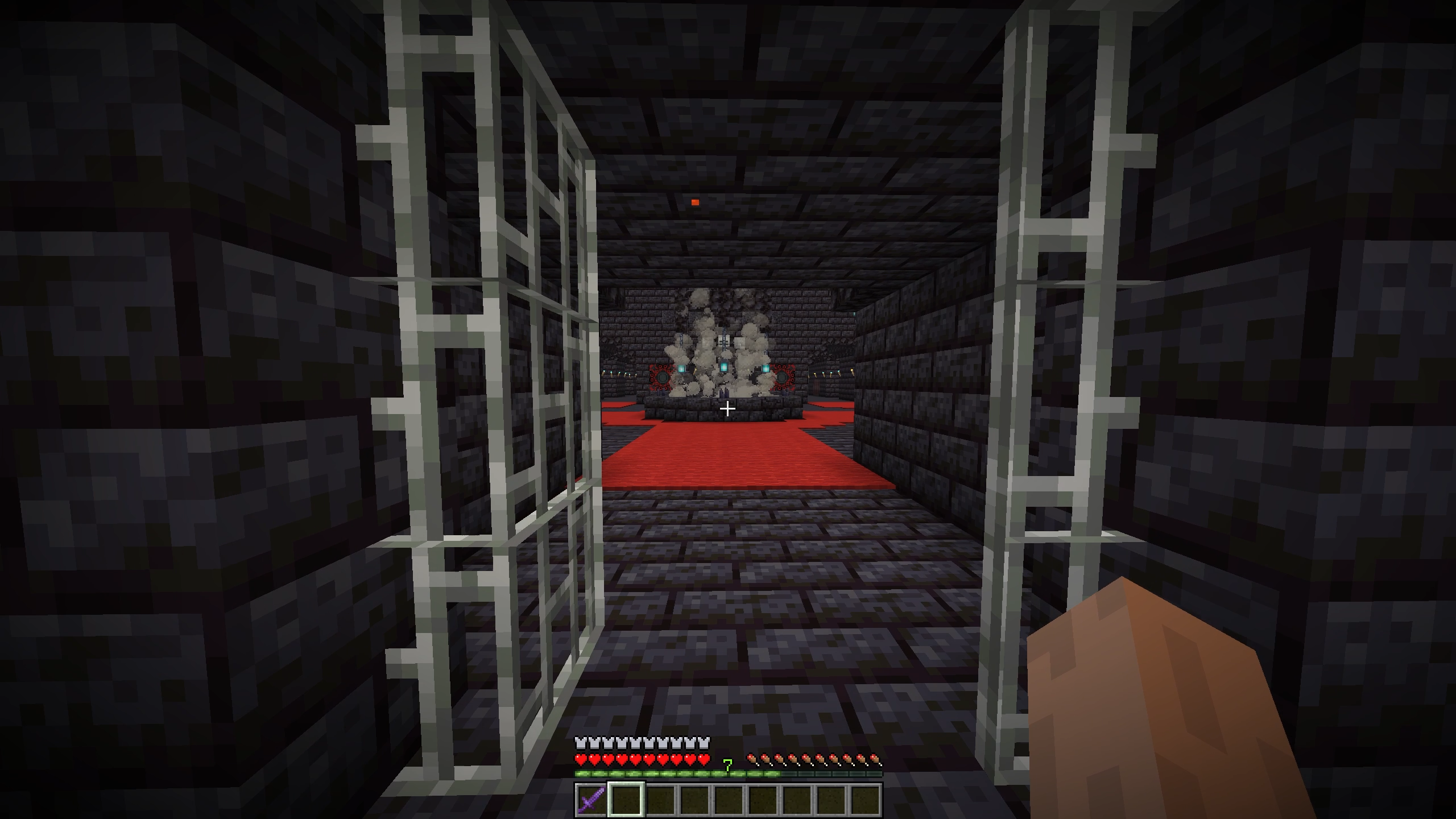 Looking down a corridor of the Aura dungeon toward a red-carpeted chamber