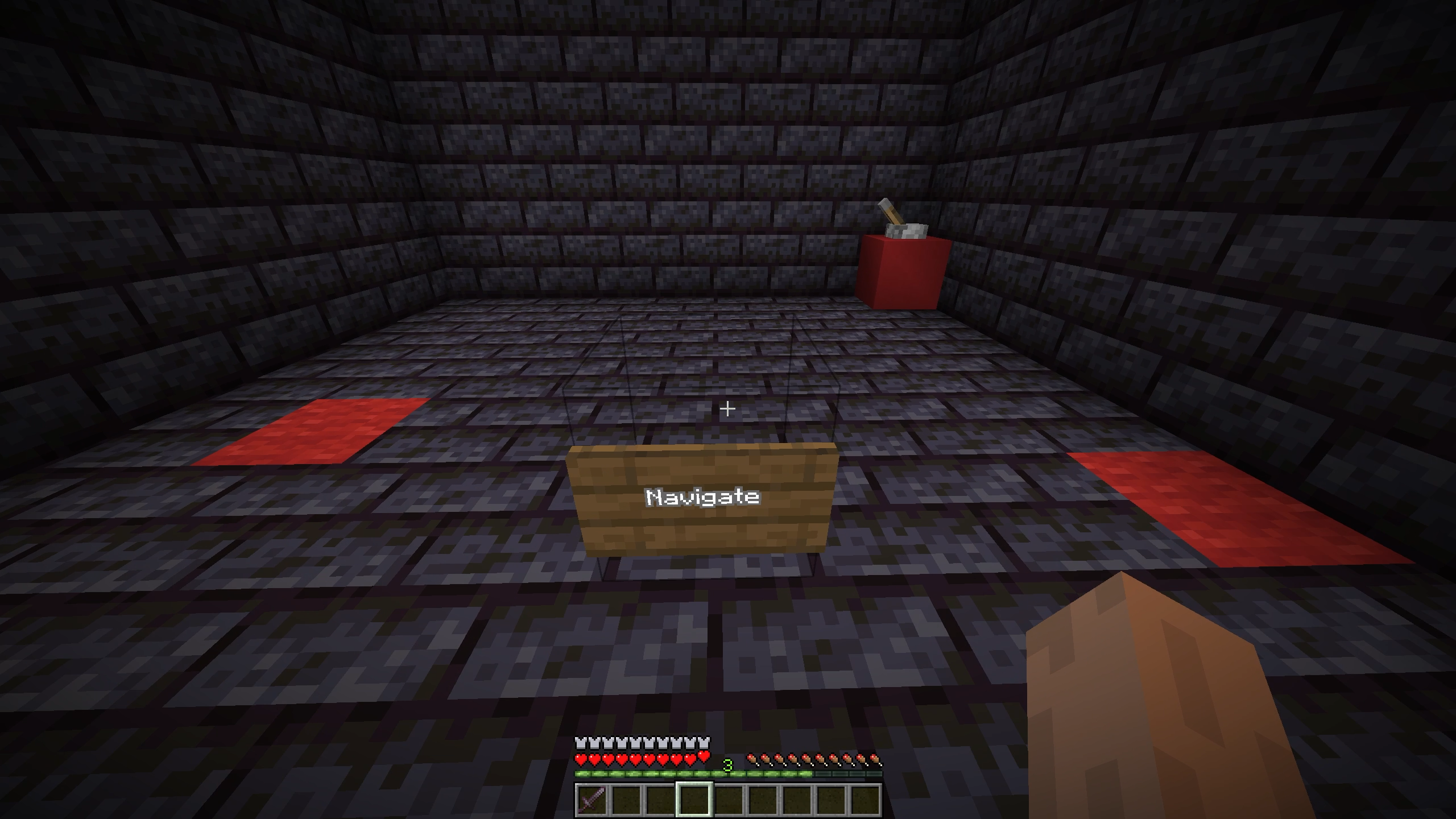 A dungeon room with a sign reading Navigate, red floor markers and a lever