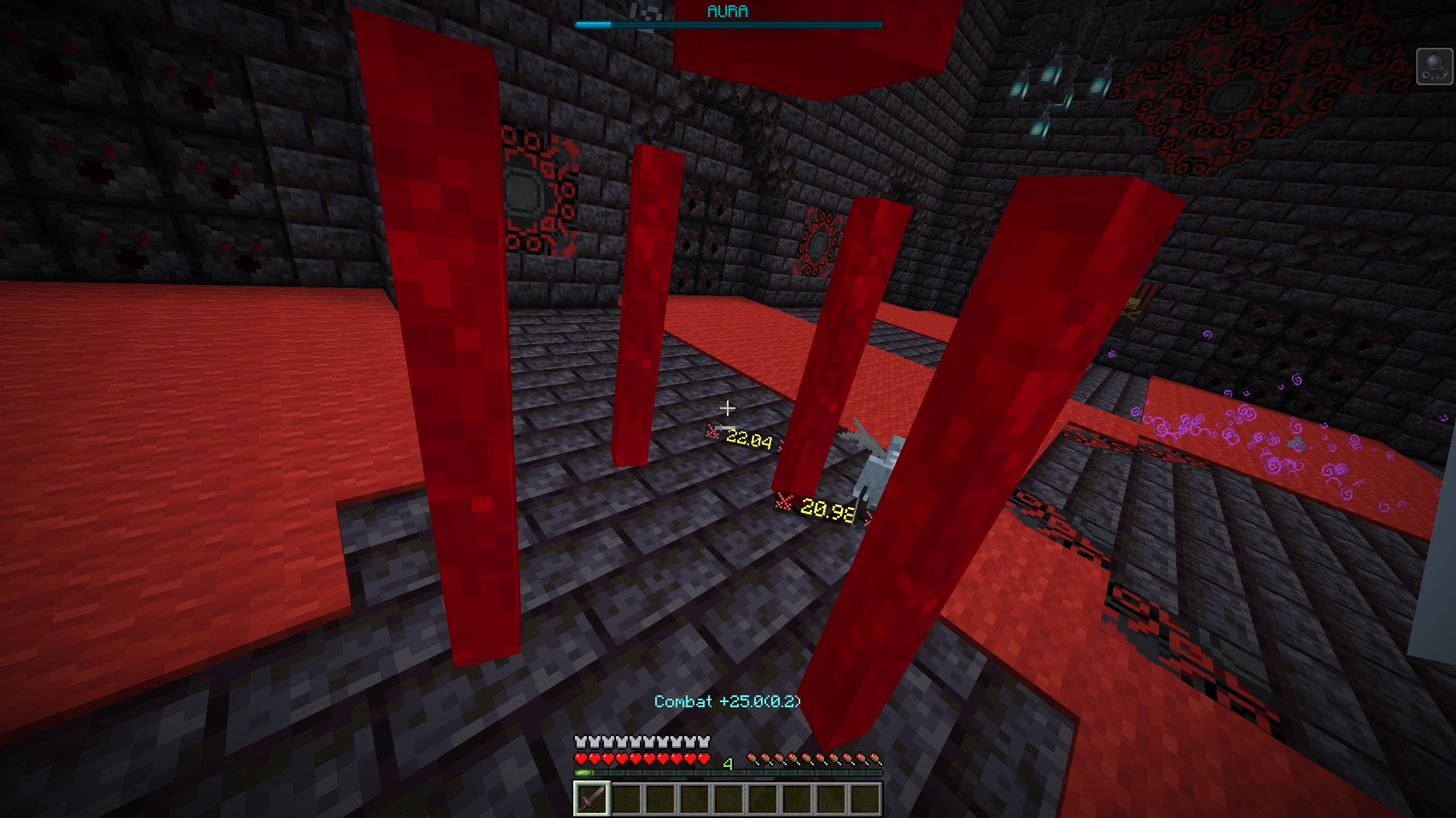 Fighting the Aura boss in the dungeon, with a boss bar, damage numbers and a Combat XP gain message