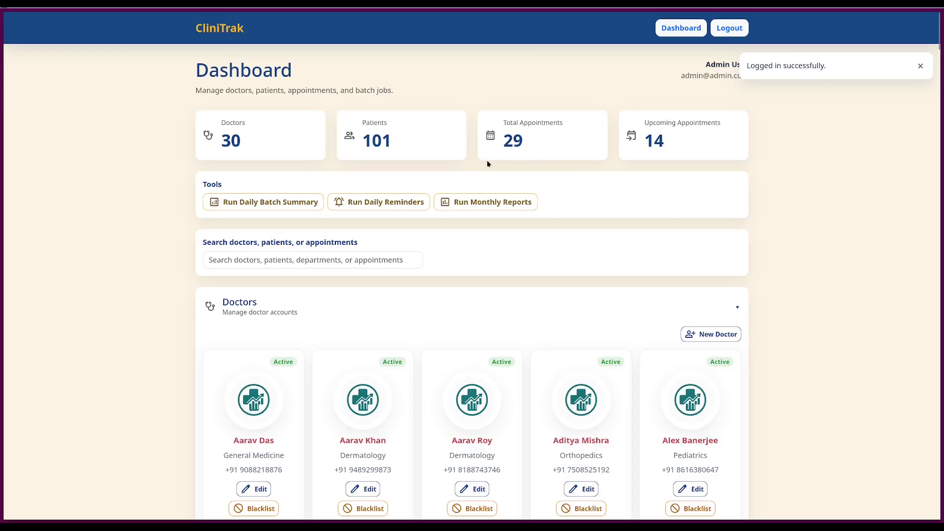 Administrator dashboard showing doctor, patient and appointment counts, batch job tools, search and a list of doctors