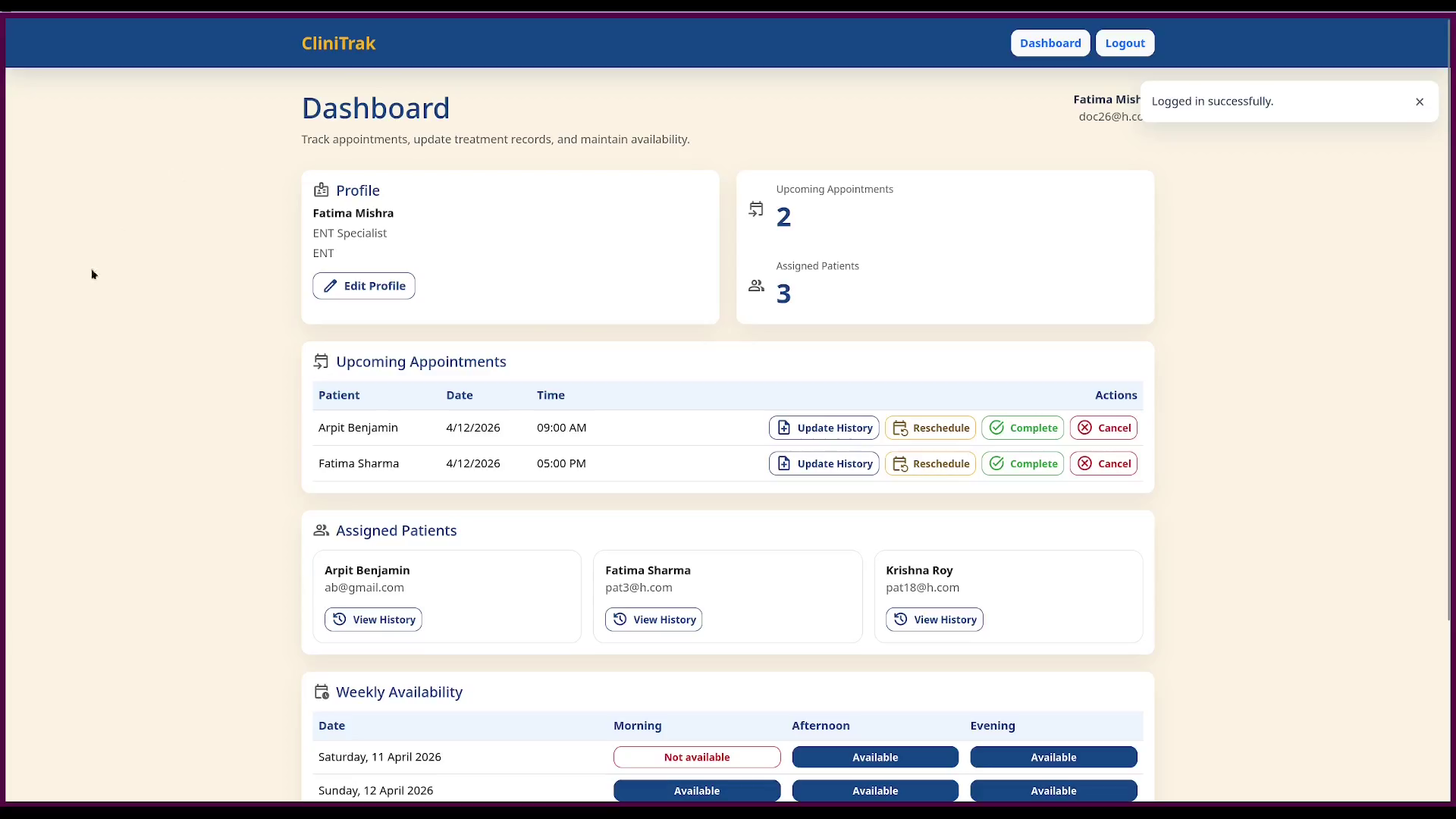 Doctor dashboard with profile, upcoming appointments, assigned patients and weekly availability