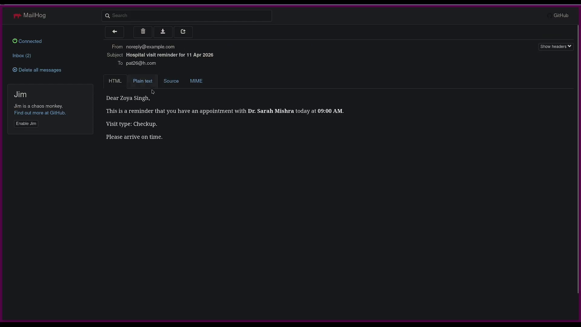 MailHog inbox showing an appointment reminder email to a patient