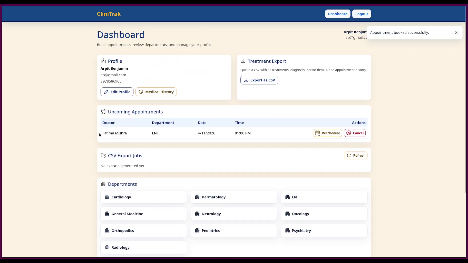 Patient dashboard with profile, upcoming appointments, CSV export and department list